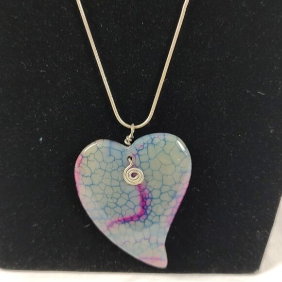 2" Dragon Vein Agate Heart Pendant Sterling Silver Chain Necklacf - Picture 2 of 8